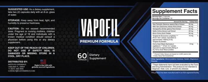 VapoFil supplement facts label 7 ingredients dosage tongkat ali boron saw palmetto